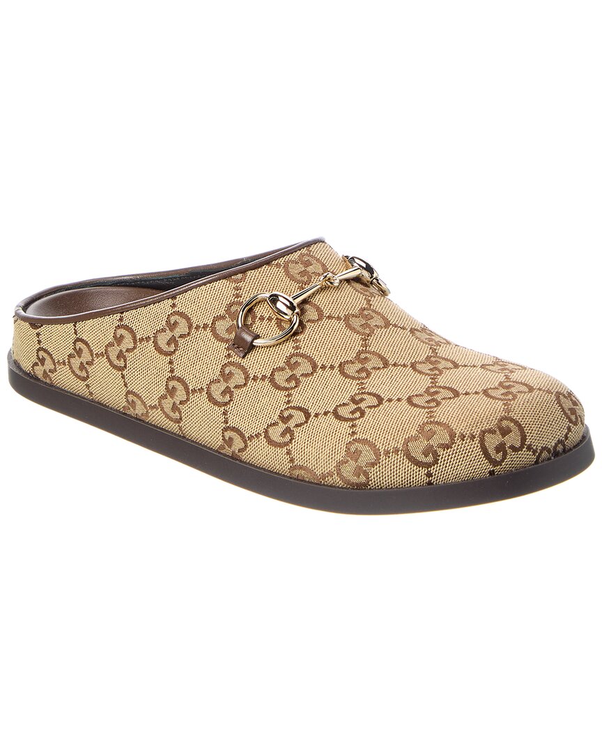 Gucci Gg Monogram Horsebit Flat Mules In Brown
