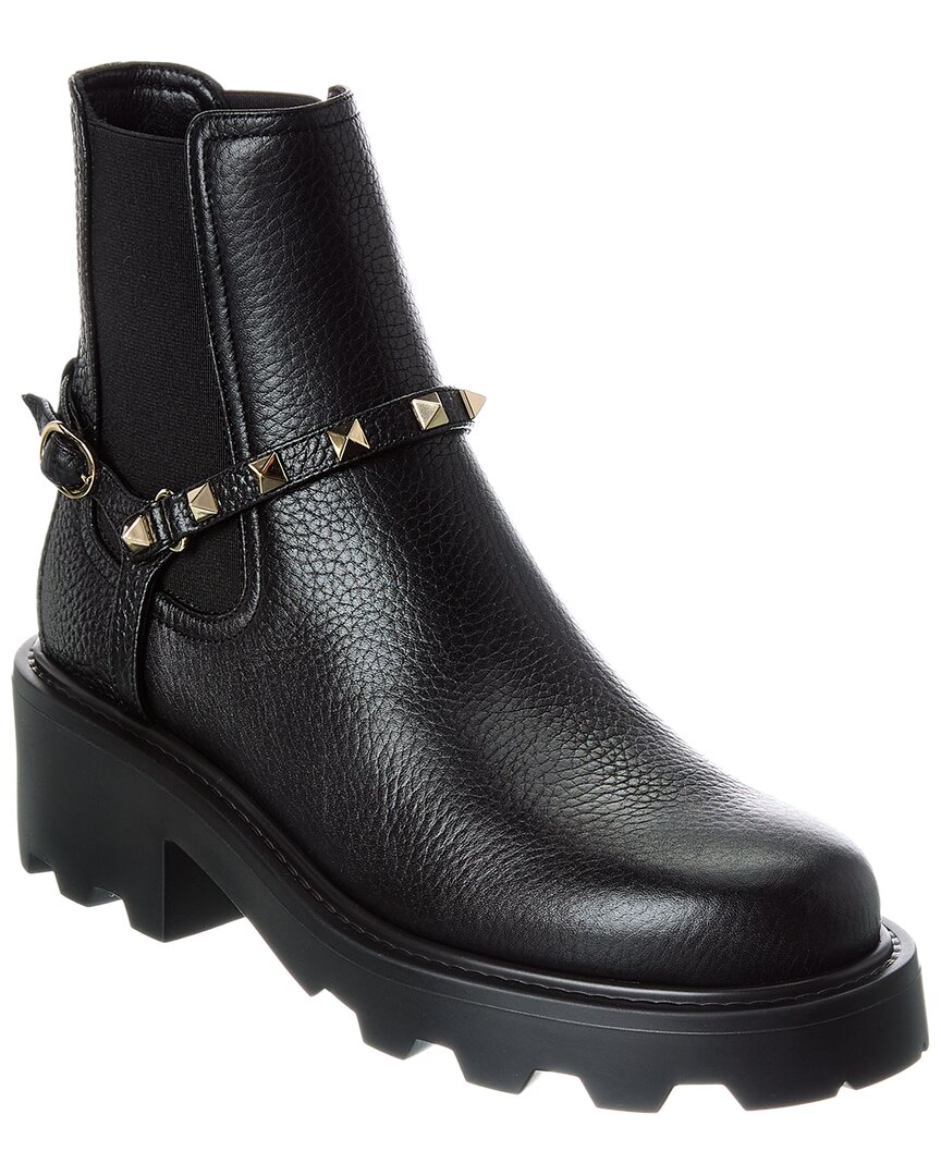 Valentino Rockstud Grainy Leather Boot In Black