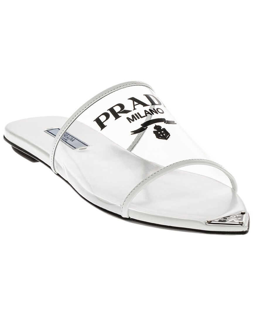 PRADA LOGO VINYL & LEATHER POINTY-TOE SANDAL