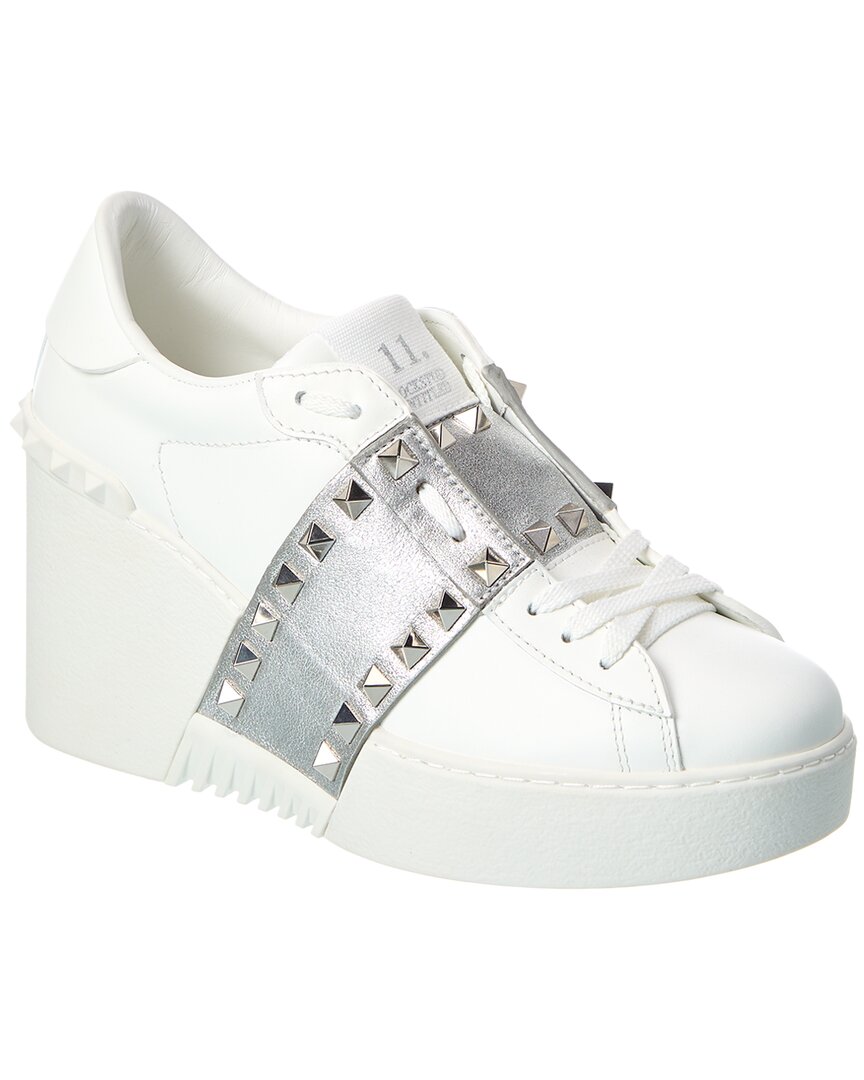 Valentino Open Disco Leather Wedge Sneaker In Gray