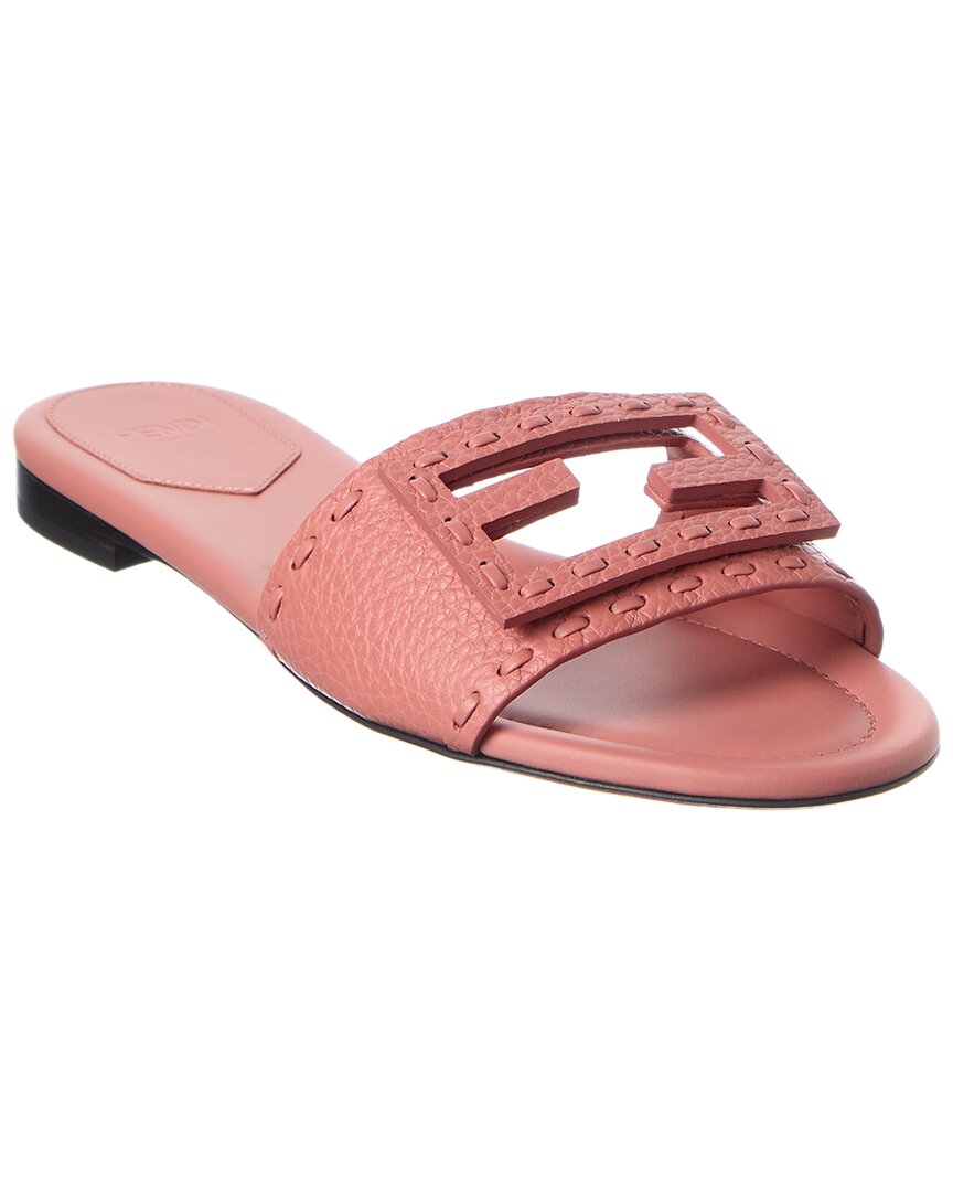 Fendi Baguette Ff Leather Buckle Flat Slide Sandals In Pink