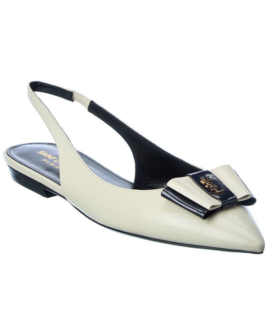 Shop Saint Laurent Anais Bow Leather Slingback Flat In White