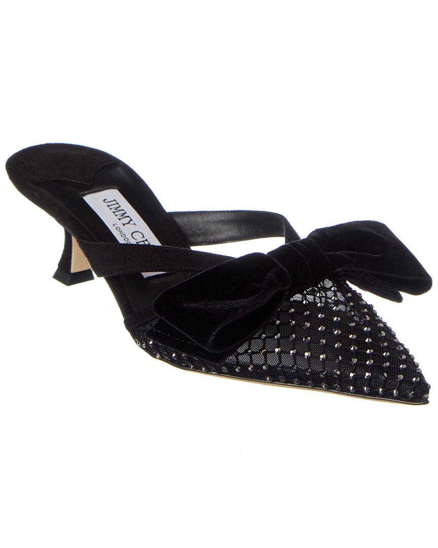 Jimmy Choo Flaca 50 Bow And Crystal-embellished Mesh And Suede Mules In Black