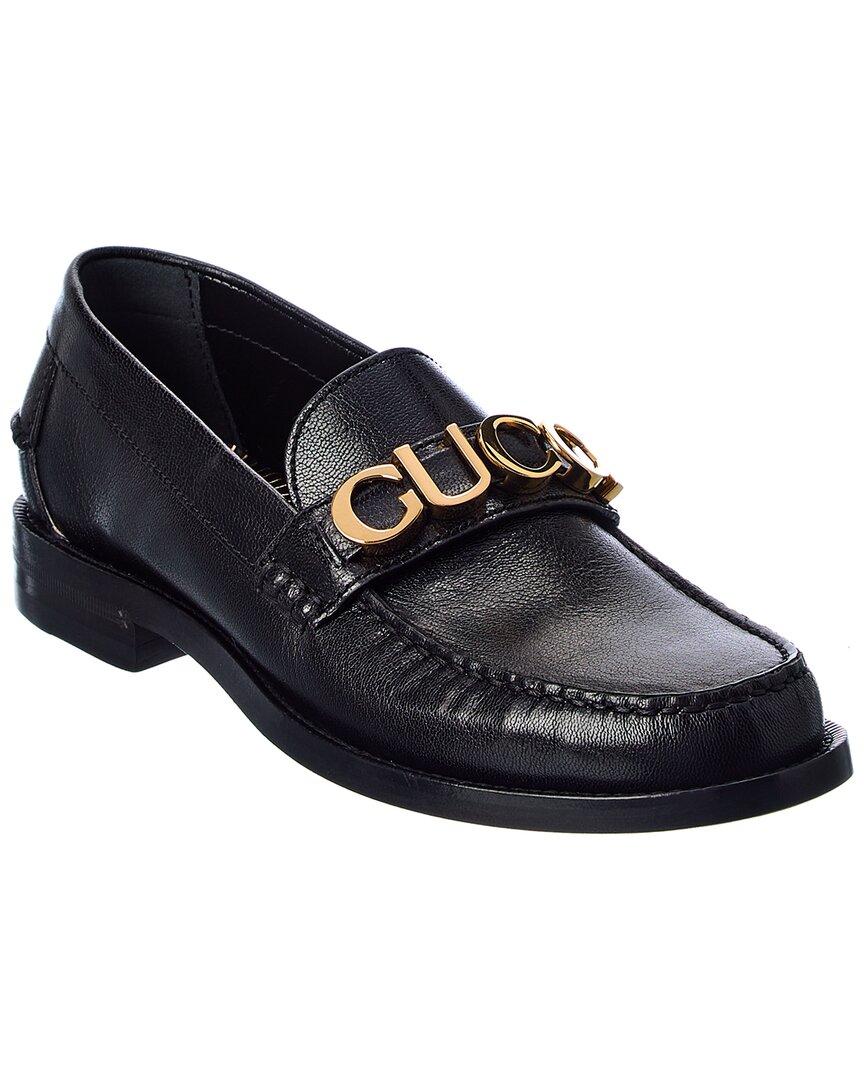 Shop Gucci Logo Leather Loafer In Black