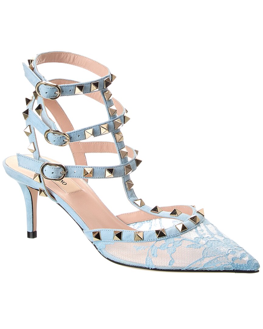 Valentino Garavani Valentino Rockstud Caged 65 Lace & Suede Ankle Strap Pump In Blue