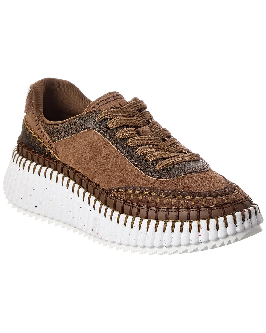 Chloé Suede Sneakers With Round Toe And Textured Sole In Brown