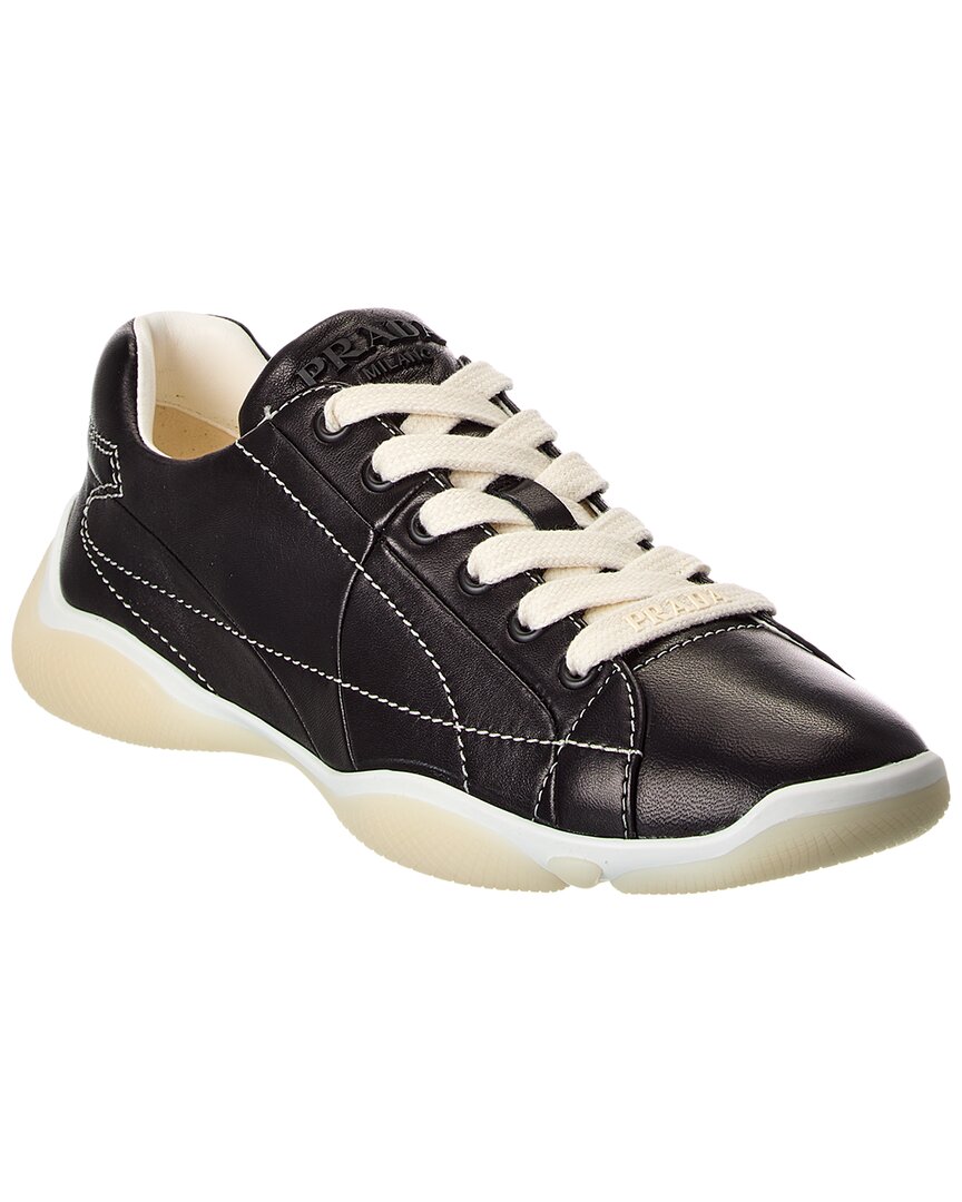 Prada Handcrafted Leather Sneakers Geometric Stitching In Multi