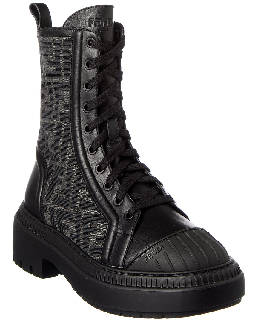 Fendi Domino Ff-jacquard Leather Biker Boots In Black