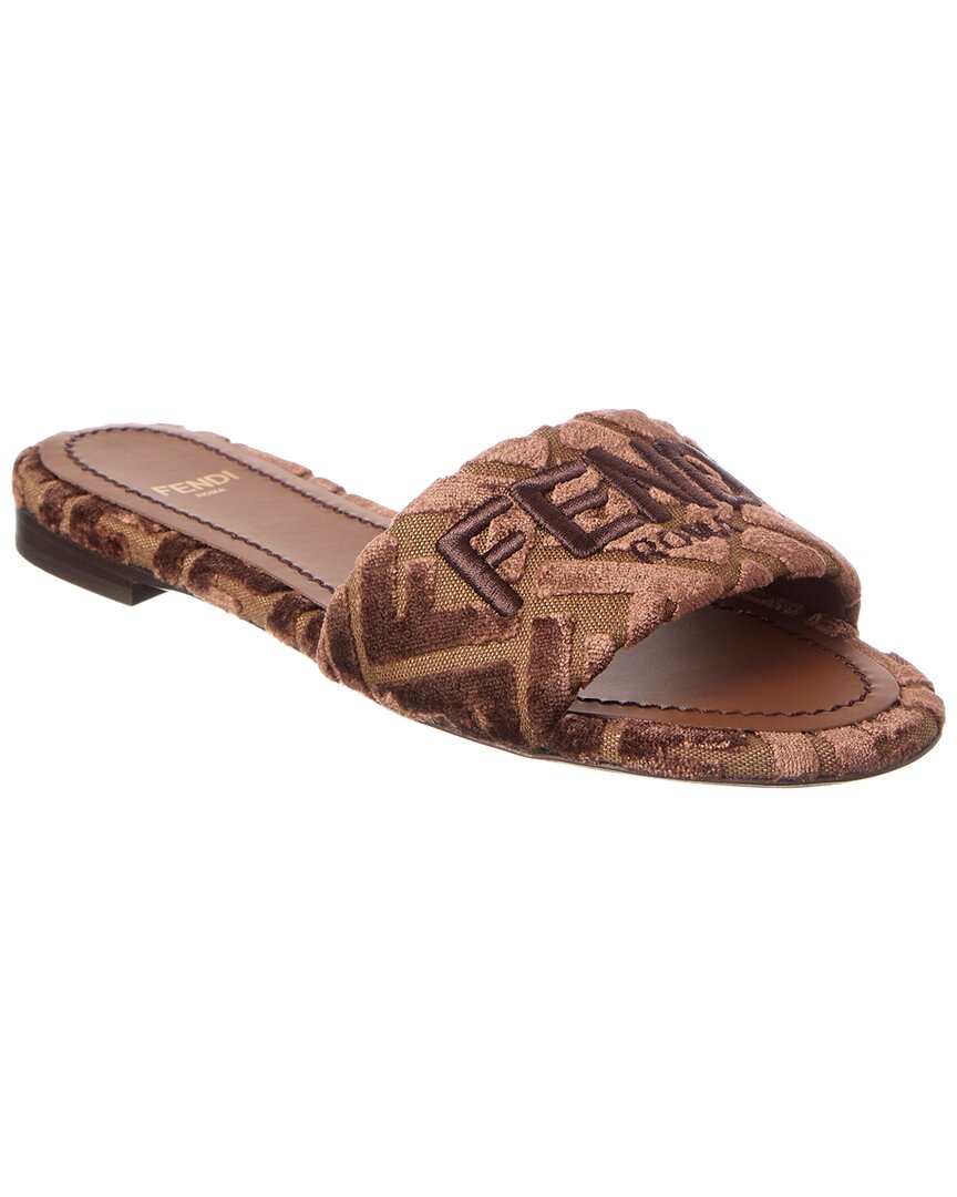 Fendi Sunshine Logo-embroidered Velvet Flat Sandals In Brown