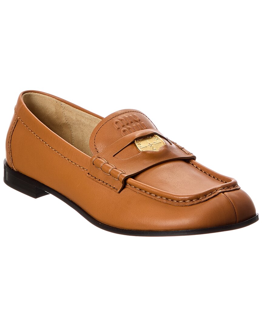 Miu Miu Leather Penny Loafer In Brown