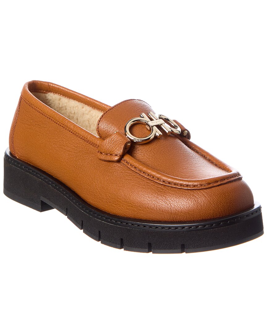 Ferragamo Rolo Lug Leather & Shearling Loafer In Brown