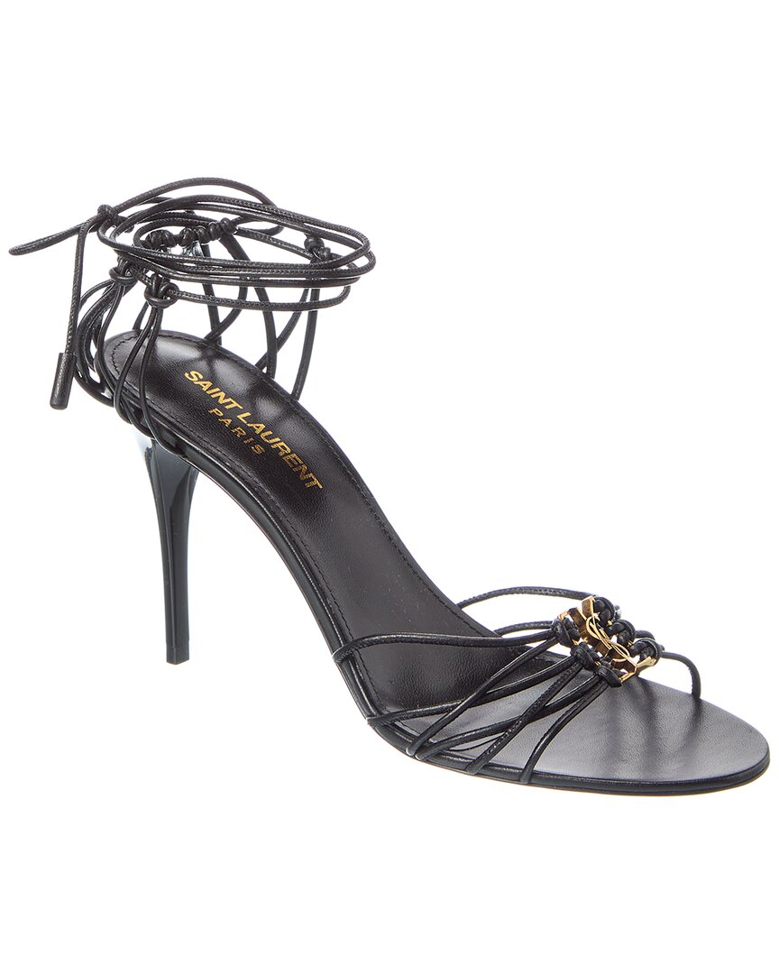 Saint Laurent 90mm Babylone Cassandre-plaque Leather Sandals In Black