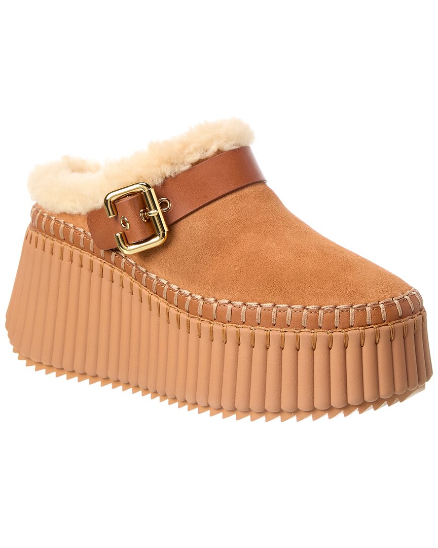 Chloé Nama 80 Shearling-lined Suede Platform Mules In Brown