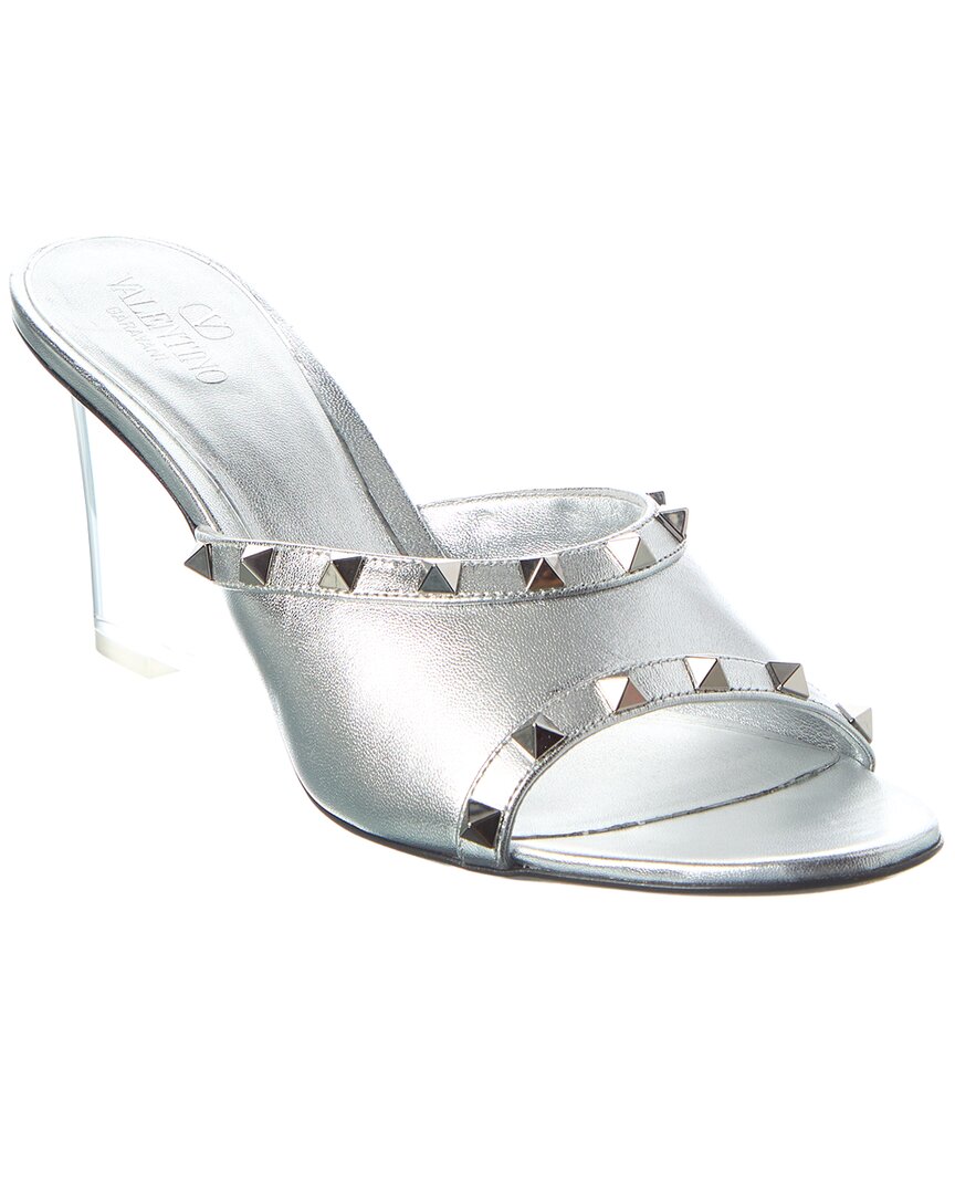 Valentino Garavani Valentino Rockstud 75 Leather Wedge Sandal In Silver