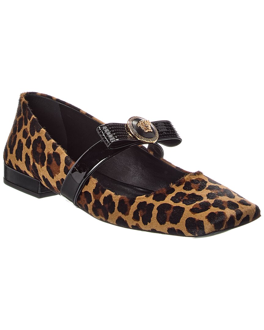 Versace Ribbon Haircalf & Patent Ballerina Flat In Brown