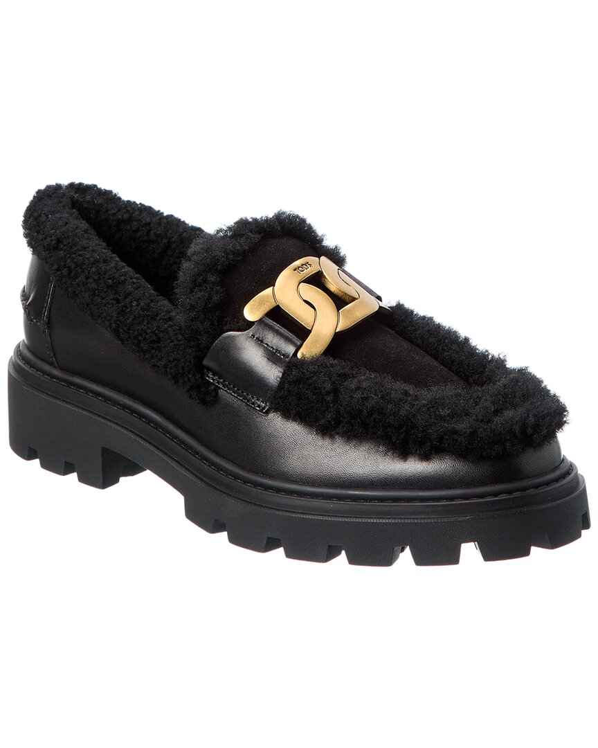 Tod's Leather & Shearling Loafer In Black