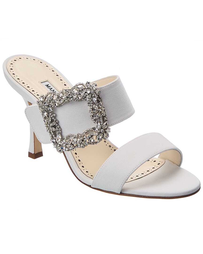 Manolo Blahnik Gable Silk Crystal Buckle Slide Sandals, Cream In White