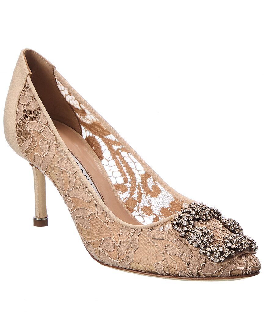 Manolo Blahnik 105mm Hangisi Lace Pumps In Nude