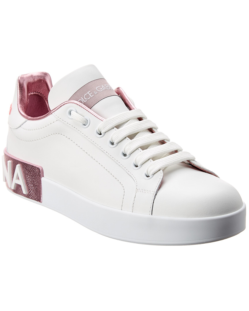 Dolce & Gabbana Portofino Leather Sneakers In White And Pink In White