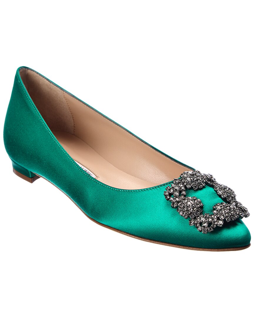 Manolo Blahnik Hangisi Crystal-embellished Satin Point-toe Flats In Green