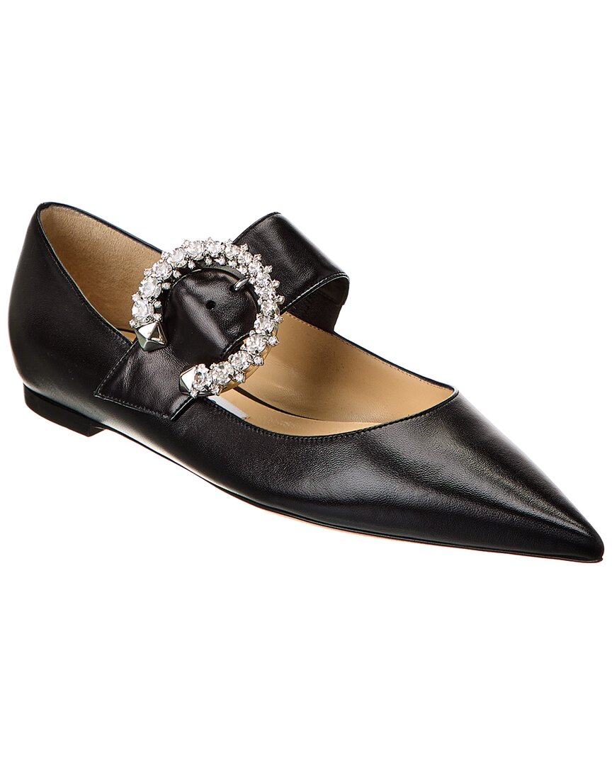 Jimmy Choo Melva Crystal-embellished Point-toe Ballet Flats In Black Leather In Black