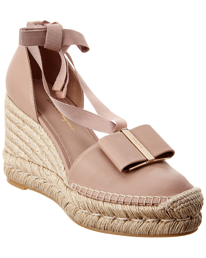 Ferragamo Double Vara Bow Leather Wedge Espadrille In Brown