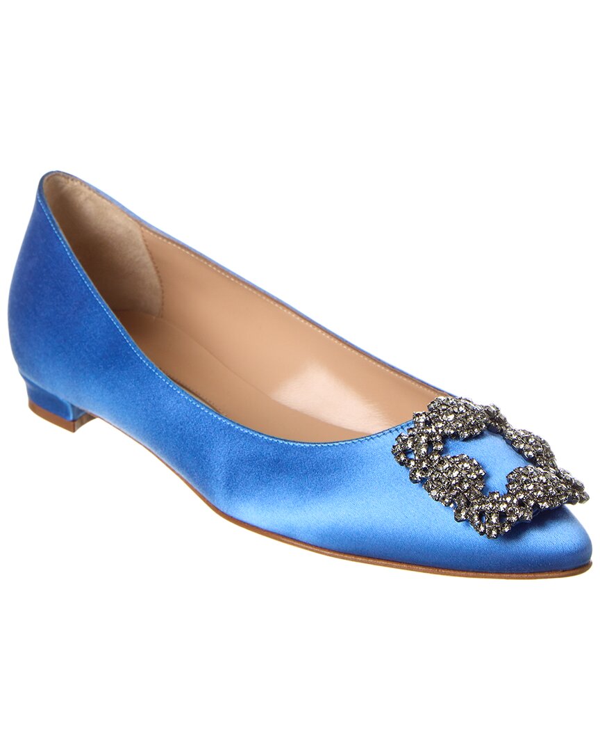 Manolo Blahnik Hangisi Crystal-buckle Satin Flat In Blue