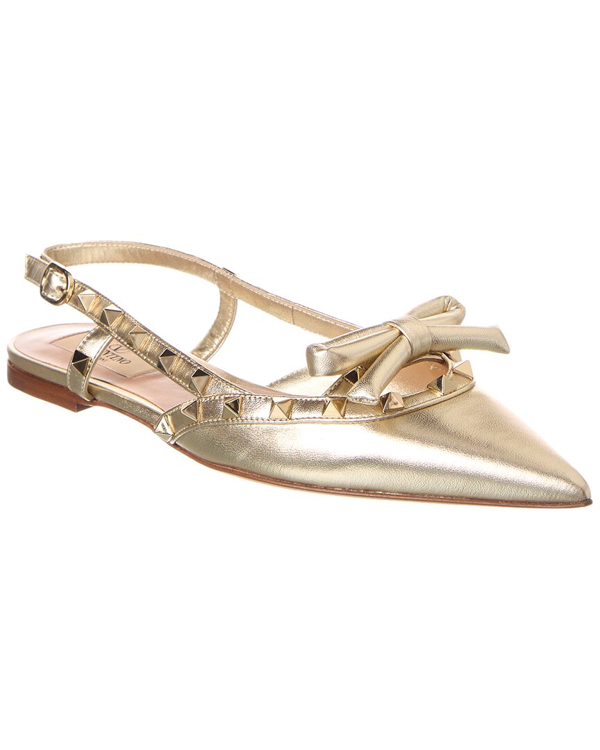 Valentino Gold Rockstud Bow Leather Slingback Ballerina Flat