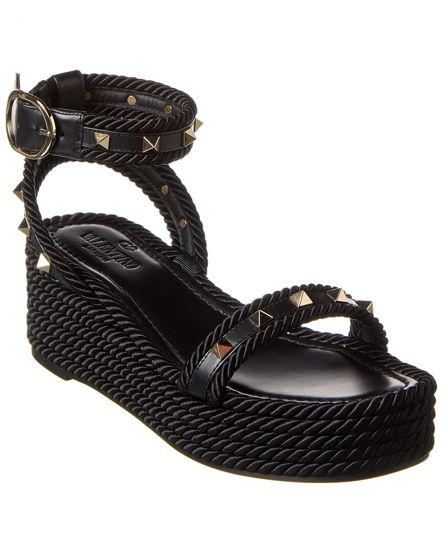 Valentino Garavani Valentino Rockstud 45 Rope & Leather Wedge Sandal In Black