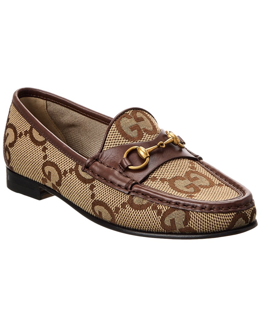 Gucci Jordaan Horsebit Gg Canvas Loafers In Brown