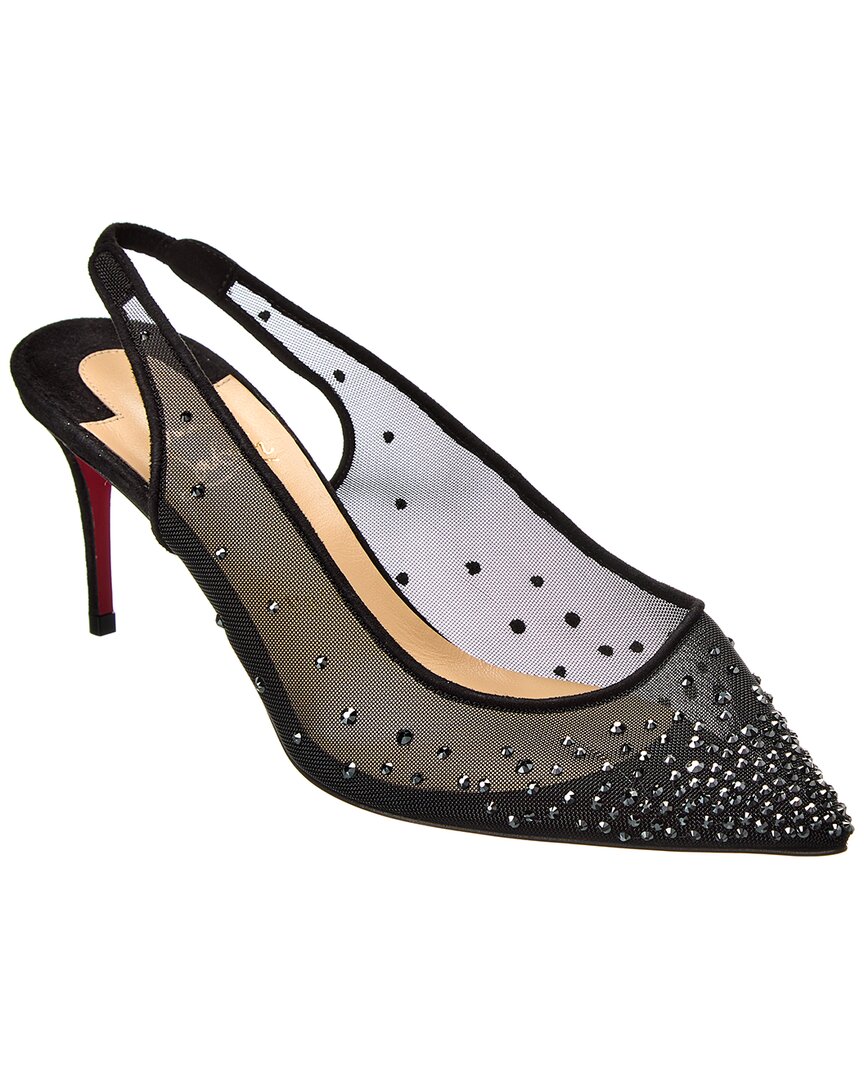 Christian Louboutin Follies 70 Suede-trimmed Crystal-embellished Mesh Slingback Pumps In Black