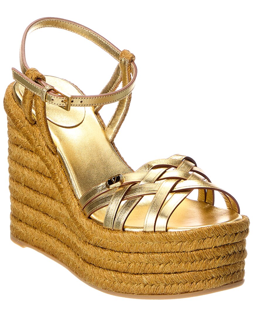 Valentino Gold Vlogo Signature 120 Leather Wedge Sandal