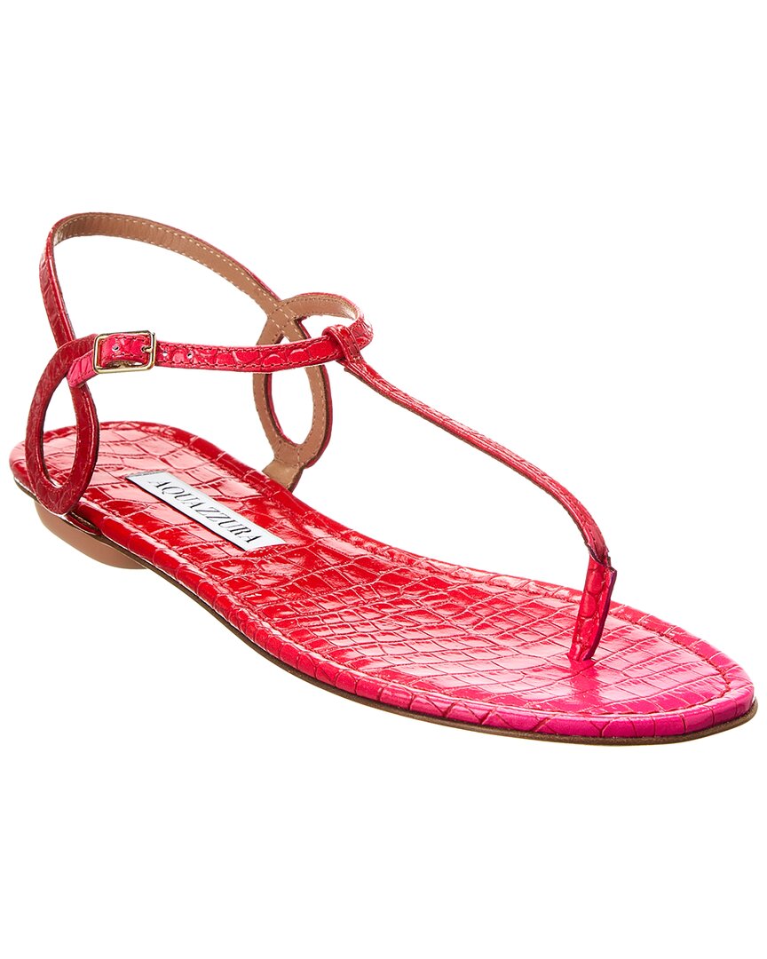 Shop Aquazzura Almost Bare Croc-embossed Leather Sandal In Pink