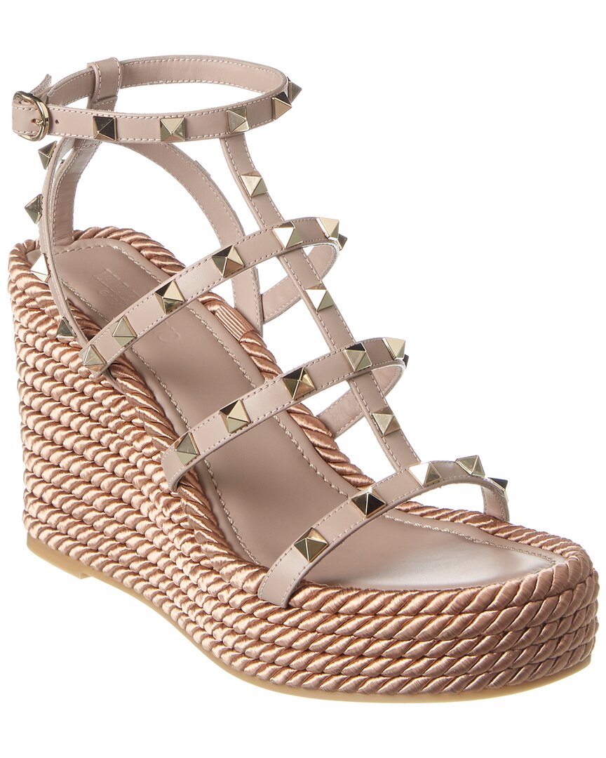 Valentino Garavani Rockstud Ankle Strap Wedge Sandal In Calfskin Leather 95 Mm Woman Skin 41 In Neutral