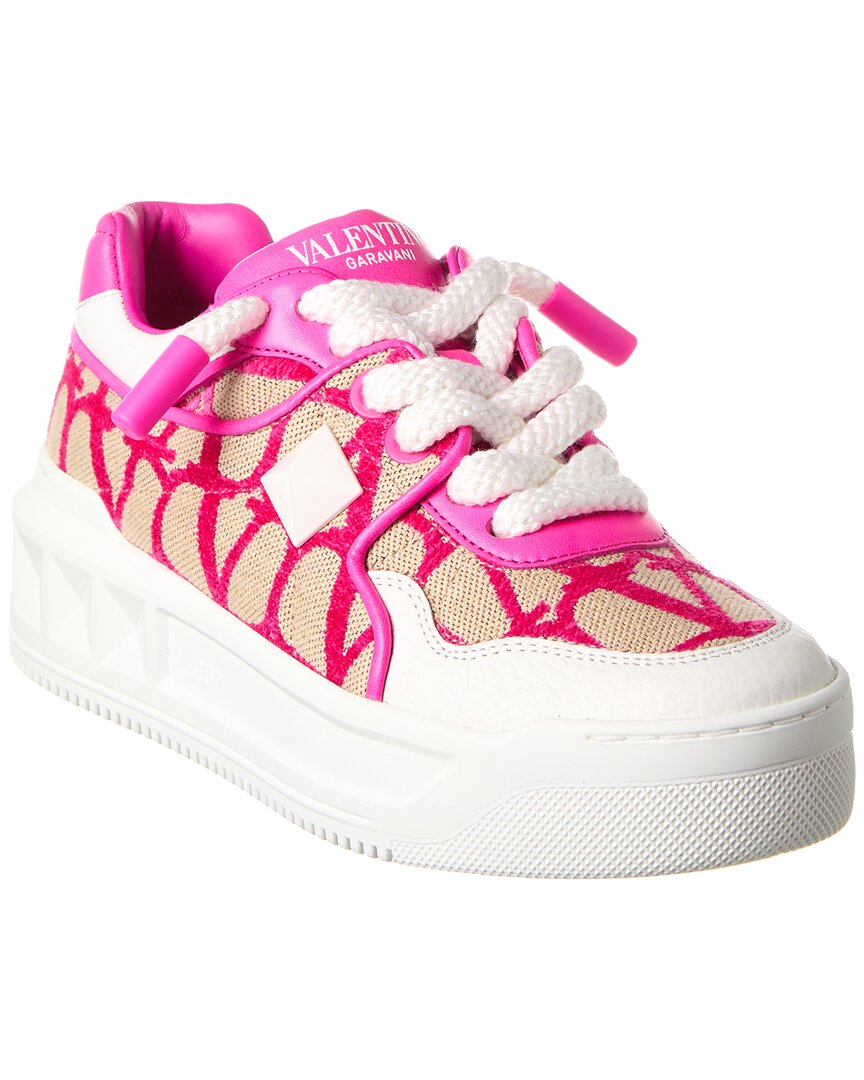 Shop Valentino One Stud Xl Toile Iconographe Canvas & Leather Sneaker In Pink