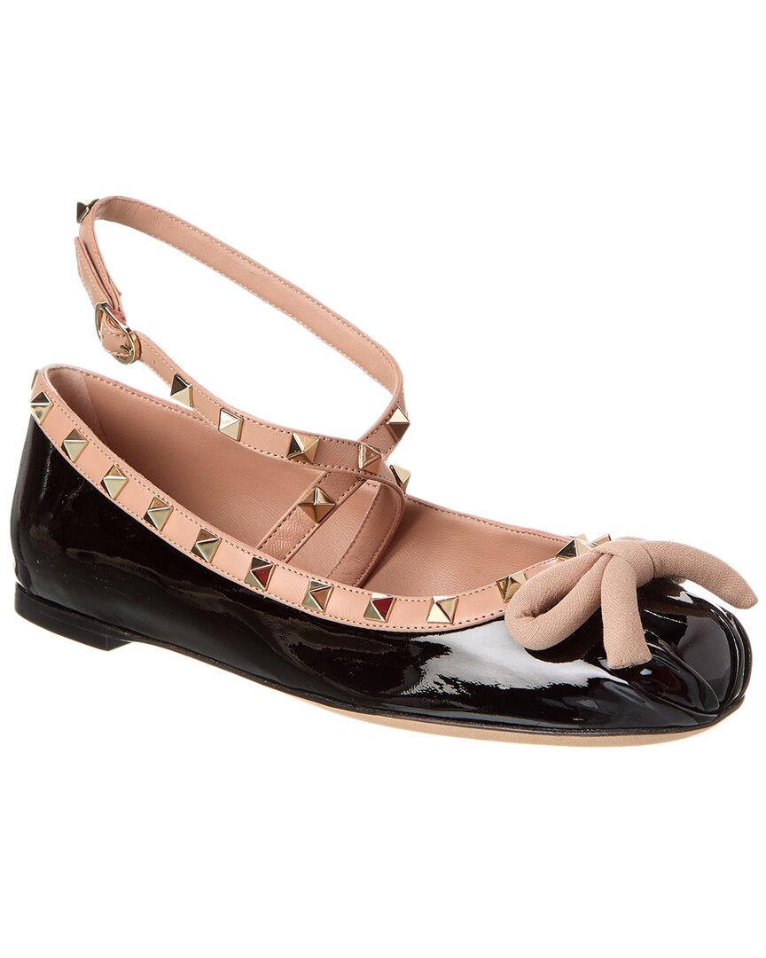 Valentino Garavani Valentino Rockstud Patent Ankle Strap Ballerina Flat In Black