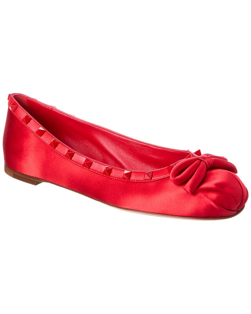 Shop Valentino Rockstud Satin & Leather Ballerina Flat In Red