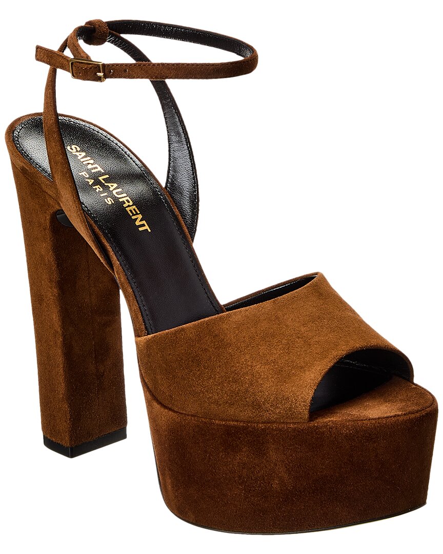 Saint Laurent Jodie Suede Ankle-strap Platform Sandals In Brown