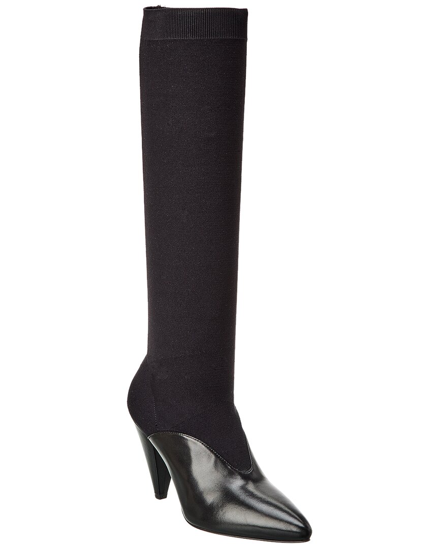 Prada Logo Knit & Leather Pointy-toe Knee-high Boot In Black