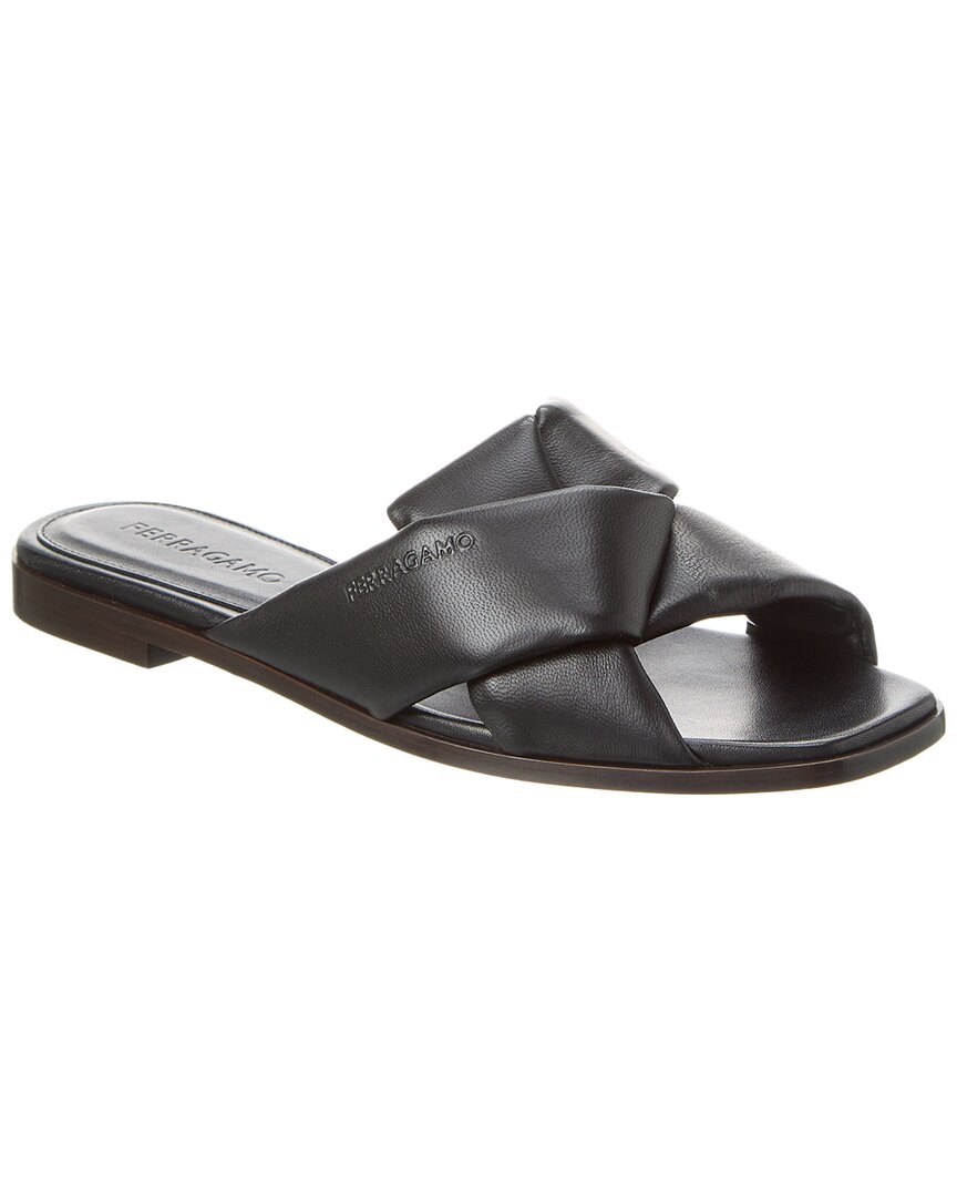 Ferragamo Alrai Twisted Lambskin Flat Sandals In Black
