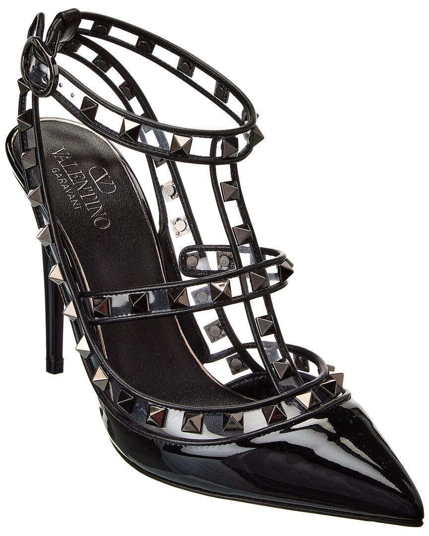 Valentino Rockstud Pumps In Patent Leather And Polymeric Material With Straps 100 Mm In Black