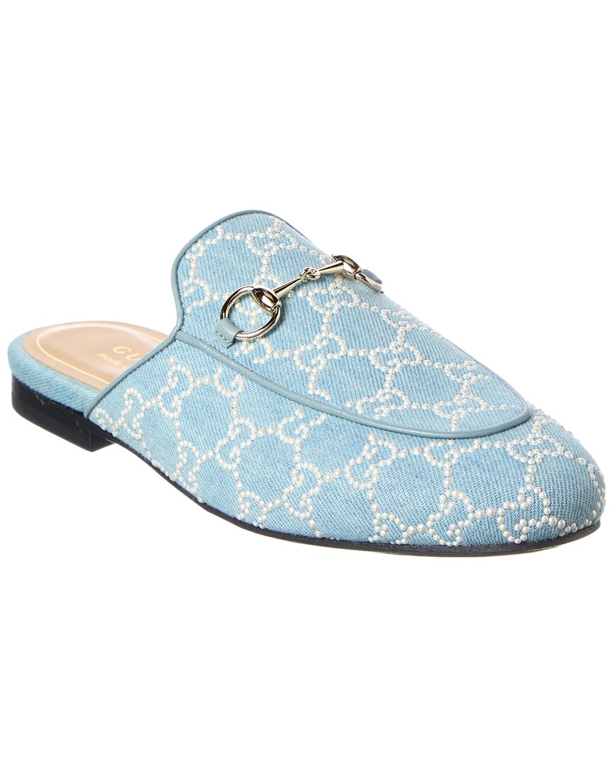 Gucci Giglio Princetown Canvas & Leather Mule In Blue
