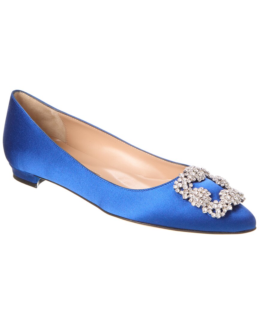 Manolo Blahnik Hangisi Crystal-embellished Satin Point-toe Flats In Blue