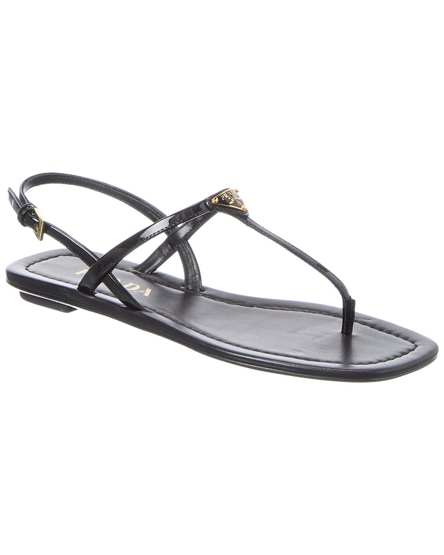 Prada Black/Gold Triangle Logo Leather Sandal