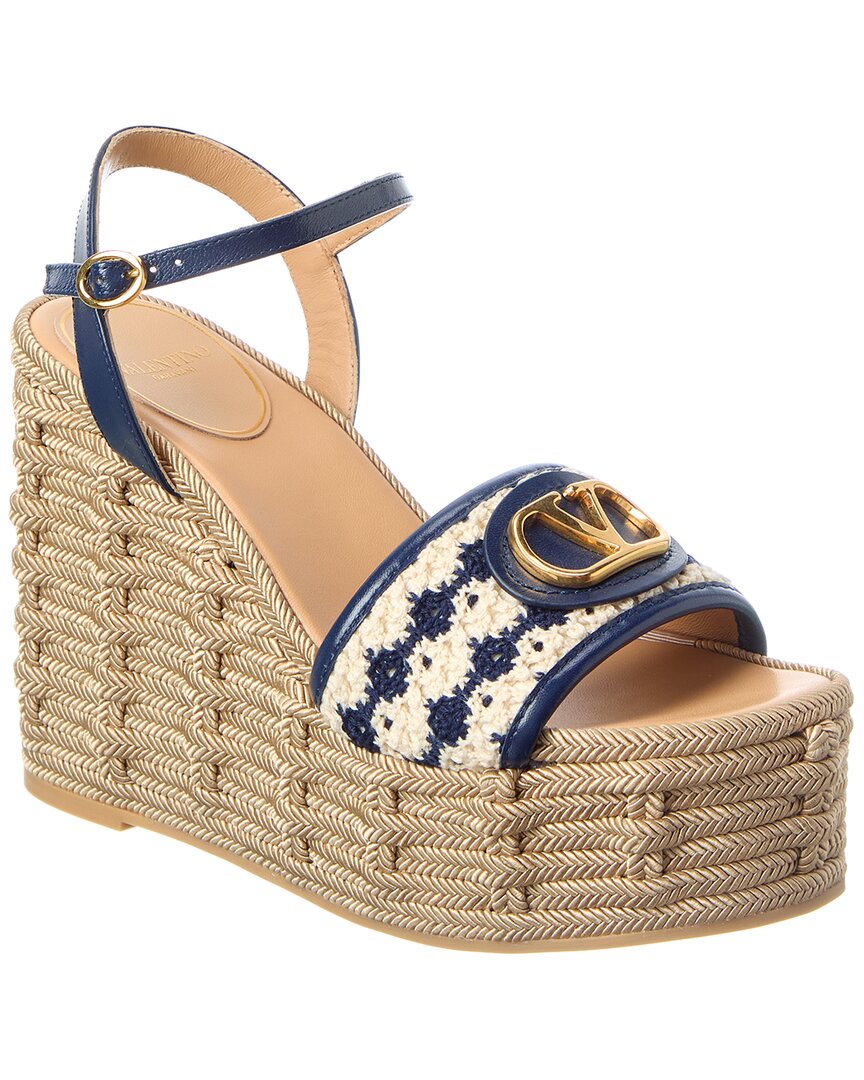 Valentino Gold/Ivory/Beige Vlogo Signature Leather & Canvas Wedge Sandal