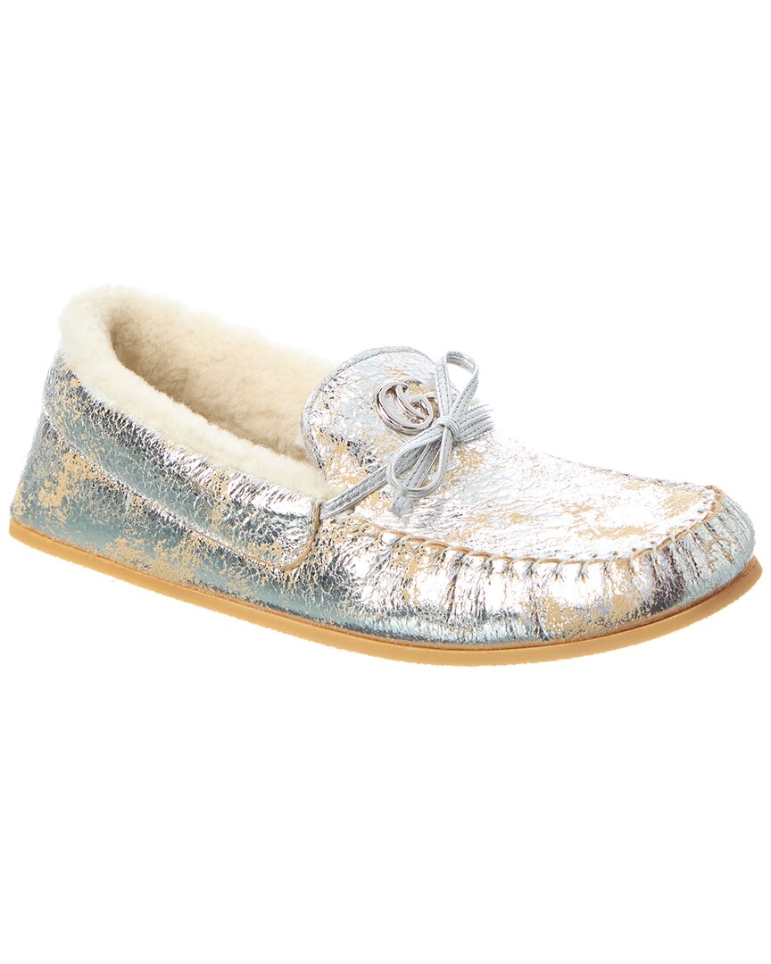 Gucci Gg Logo Leather Loafer In Silver