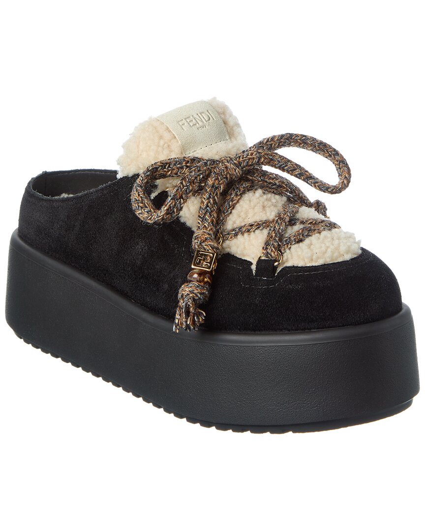 Fendi Apres Chic Suede & Shearling Sabot Mule In Black
