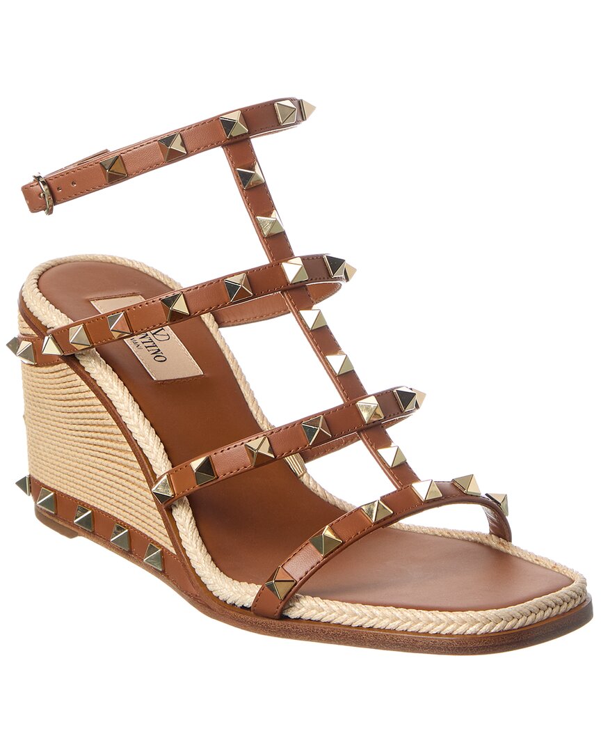 Valentino Garavani Valentino Rockstud Caged 90 Leather Ankle Strap Wedge Sandal In Brown