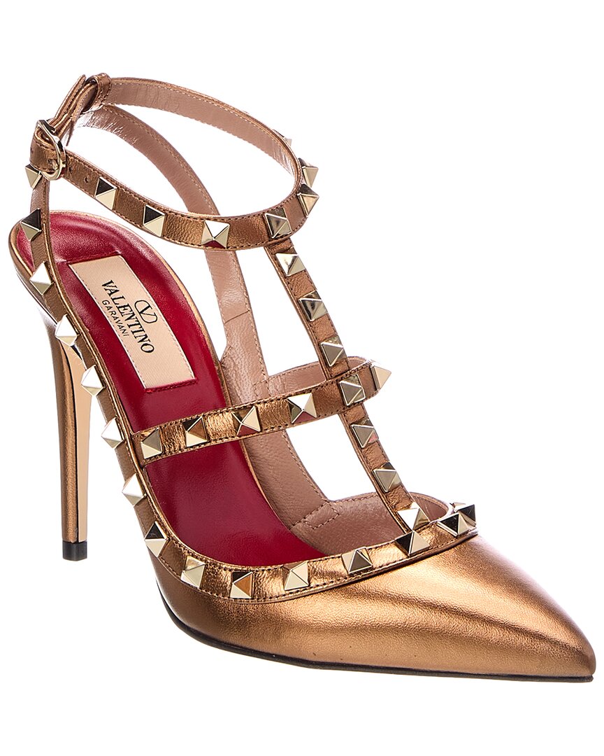Valentino Gold Rockstud Caged 100 Leather Pump