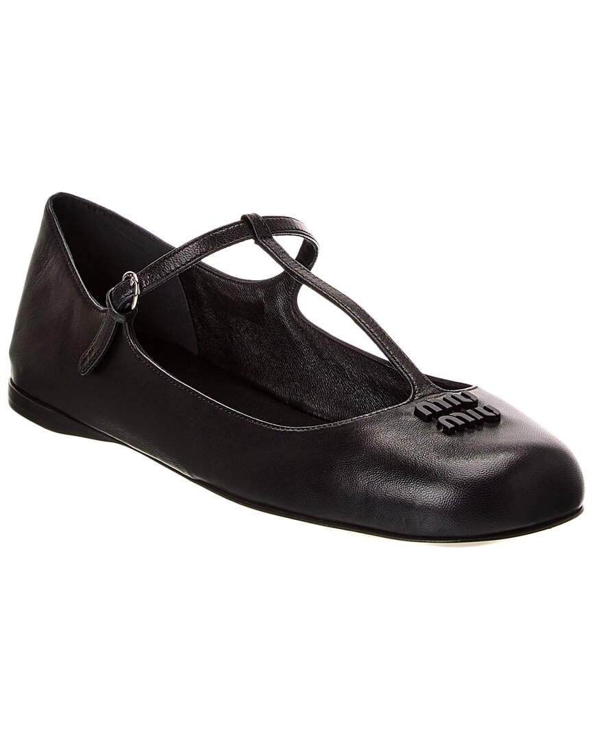 Miu Miu Logo Leather Flat In Black